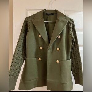 Stylish Olive Double-Breasted Blazer with Gold Accents